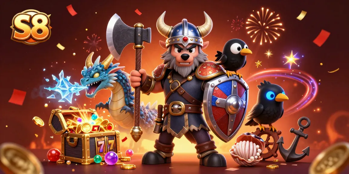 S8 attracts players with a dynamic slot scene featuring a Viking wolf warrior and treasure-filled underwater environment.