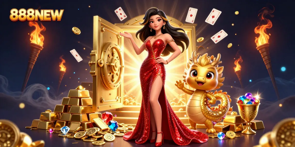 Engage in thrilling gaming experiences at 888NEW with a captivating illustration of an Asian woman and a golden dragon.