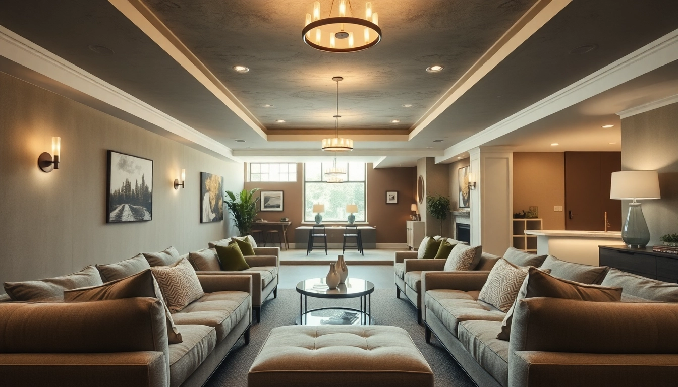Stunning basement renovation highlighting a stylish and cozy living area with inviting natural light.