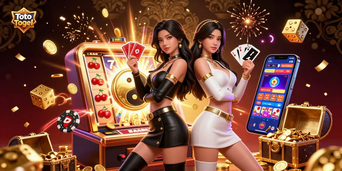 Toto Togel offers a vibrant gaming experience featuring twin Asian women with playing cards and dynamic casino elements.