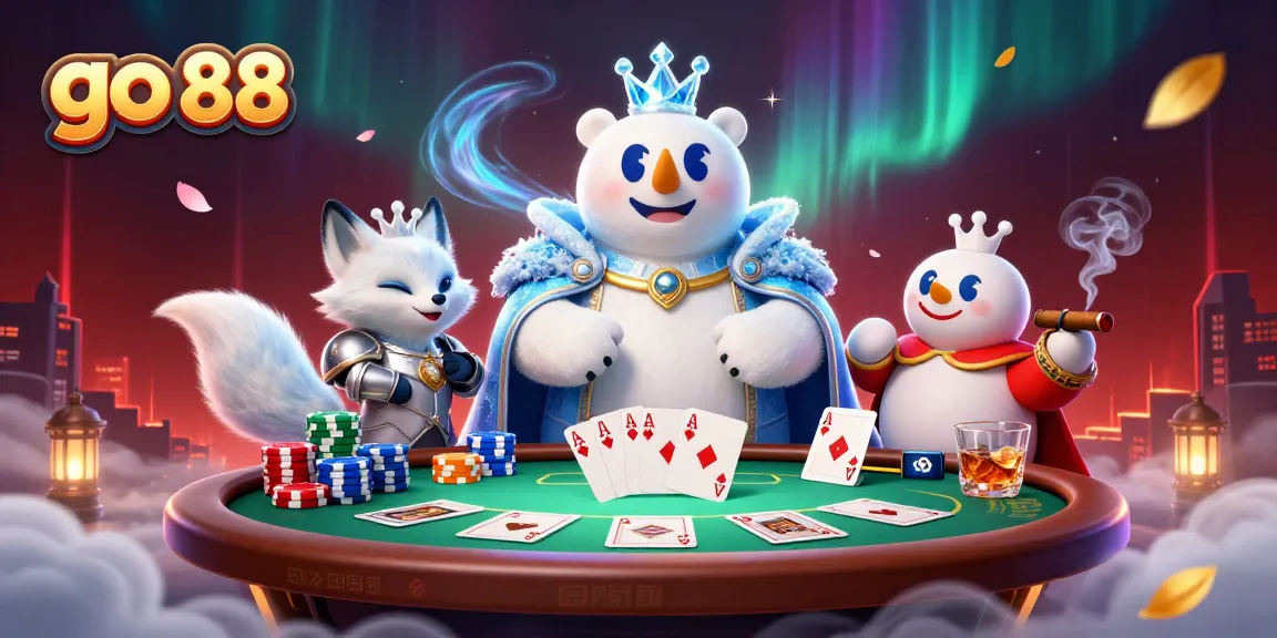 Join the excitement at go 88 with a richly detailed scene of card games and casino elements.