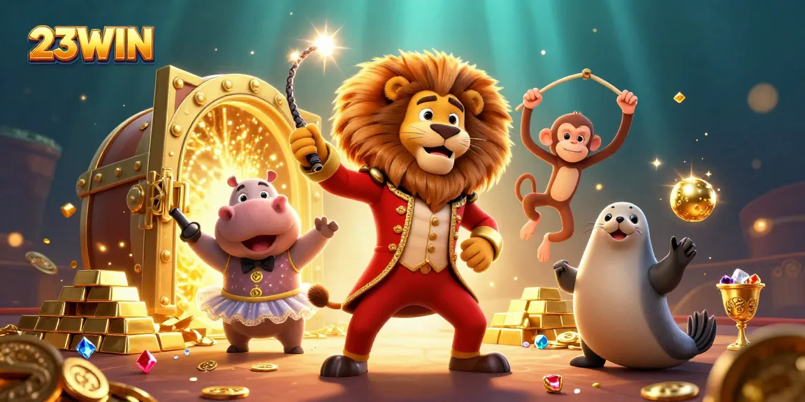 23WIN showcases vibrant 3D casino illustration filled with animated characters and treasure