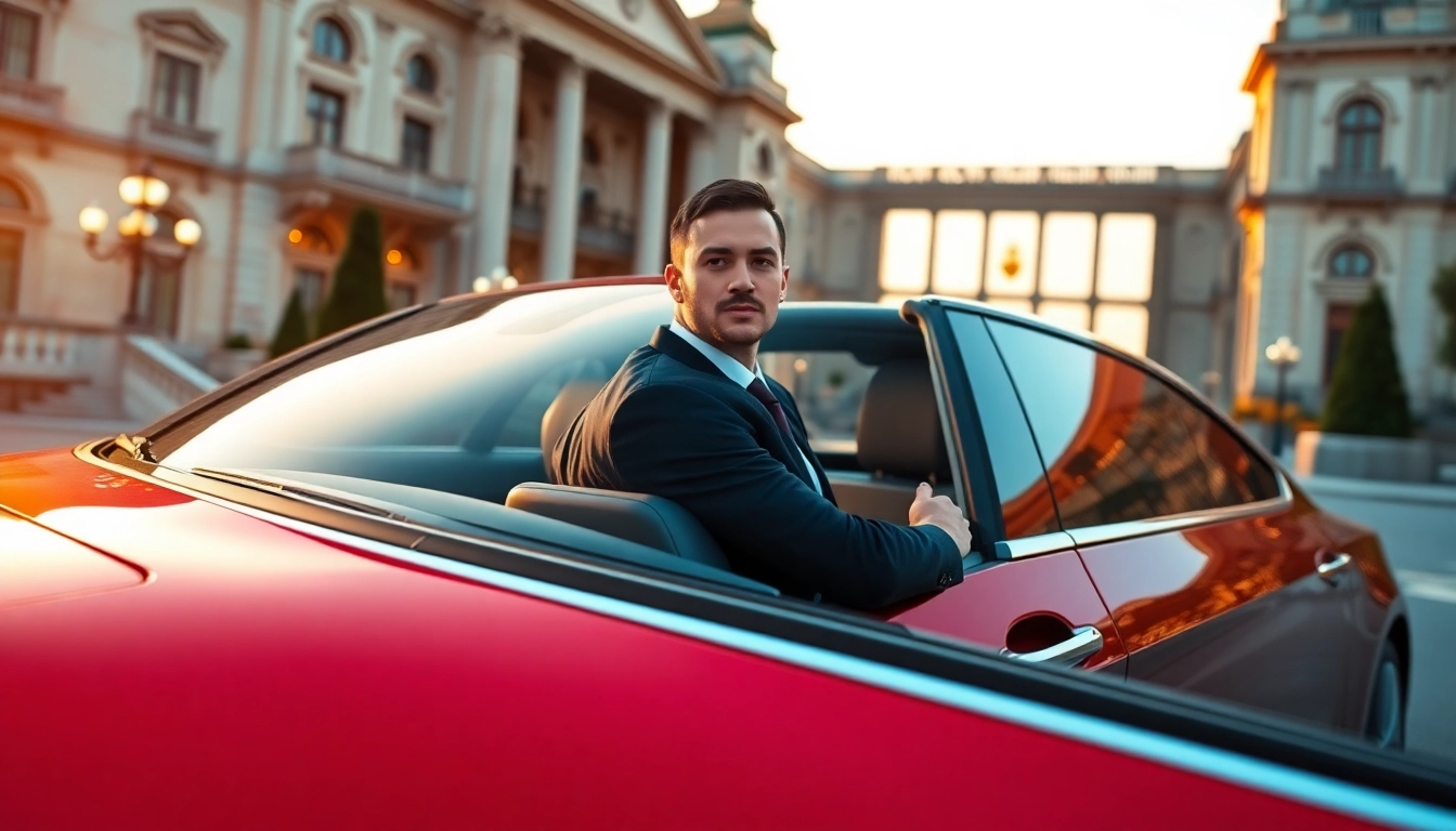 Chauffeur Hire with a professional driver standing next to a luxury vehicle outside an upscale venue.