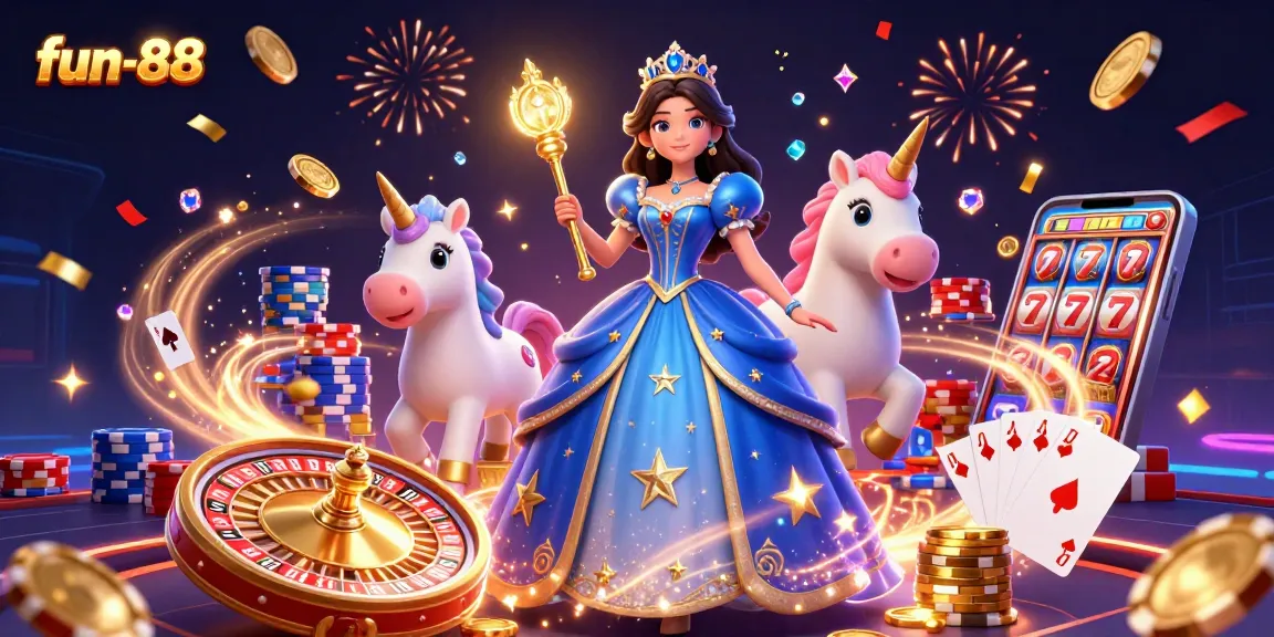 Experience fun-88 with a vibrant 3D casino illustration showcasing dynamic gaming elements.