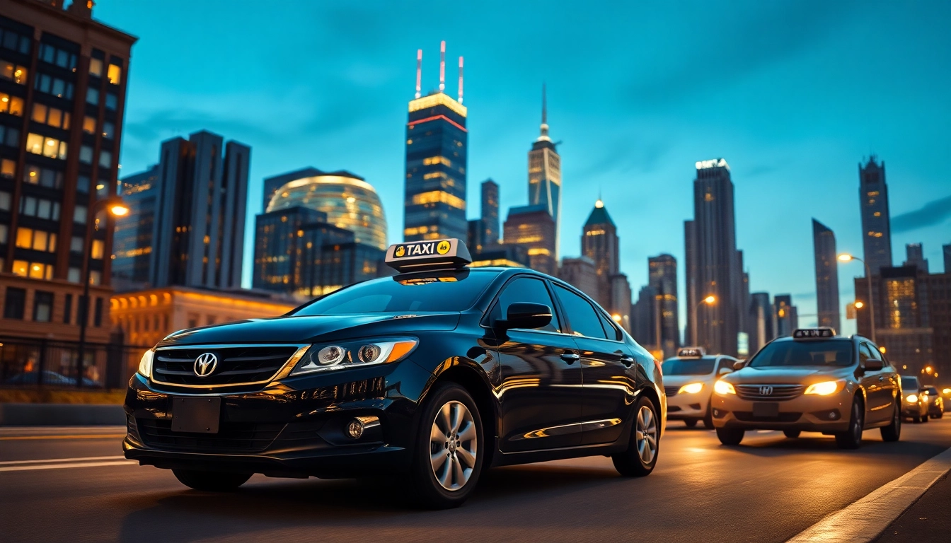 Taxi navigating a bustling city street during twilight, blending urban energy and professionalism.
