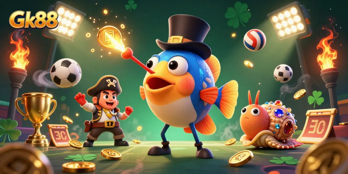 Gk88 illuminates the casino vibe with a lively scene featuring animated characters and dynamic sports elements.