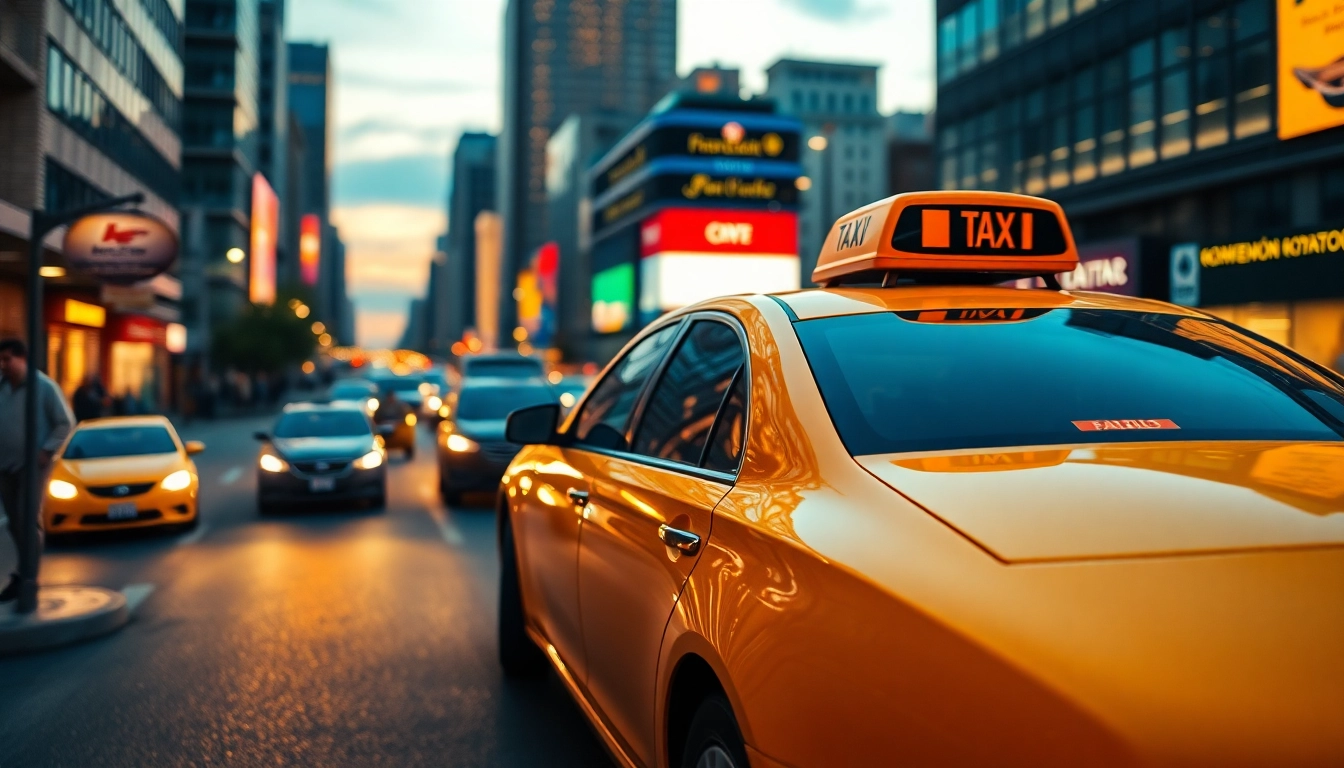 Taxi navigating busy city streets at dusk, showcasing vibrant colors and lively atmosphere.
