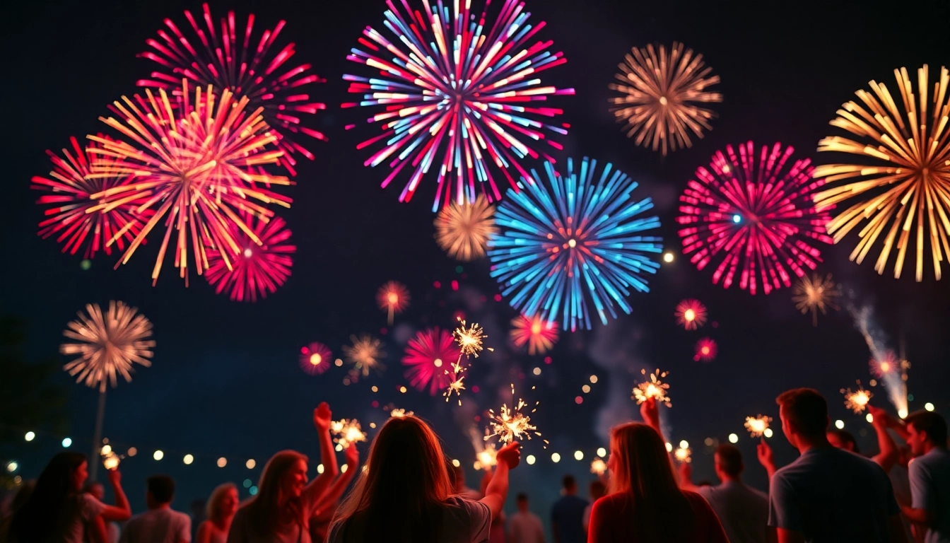 Crowd enjoying cheap fireworks near me with a beautiful night sky backdrop.