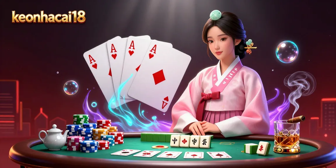Engage in winning strategies with keonhacai18, depicted with vibrant poker elements and rich cultural aesthetics.