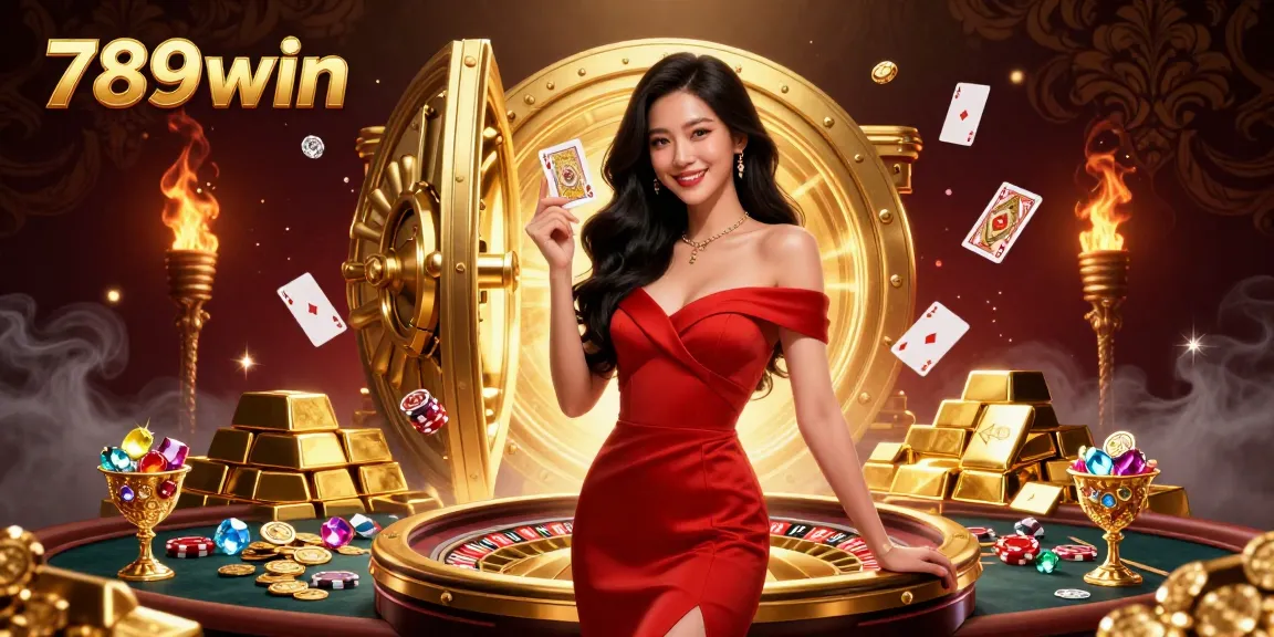 Experience the excitement of 789win with a stunning young woman presenting cards next to a roulette wheel.