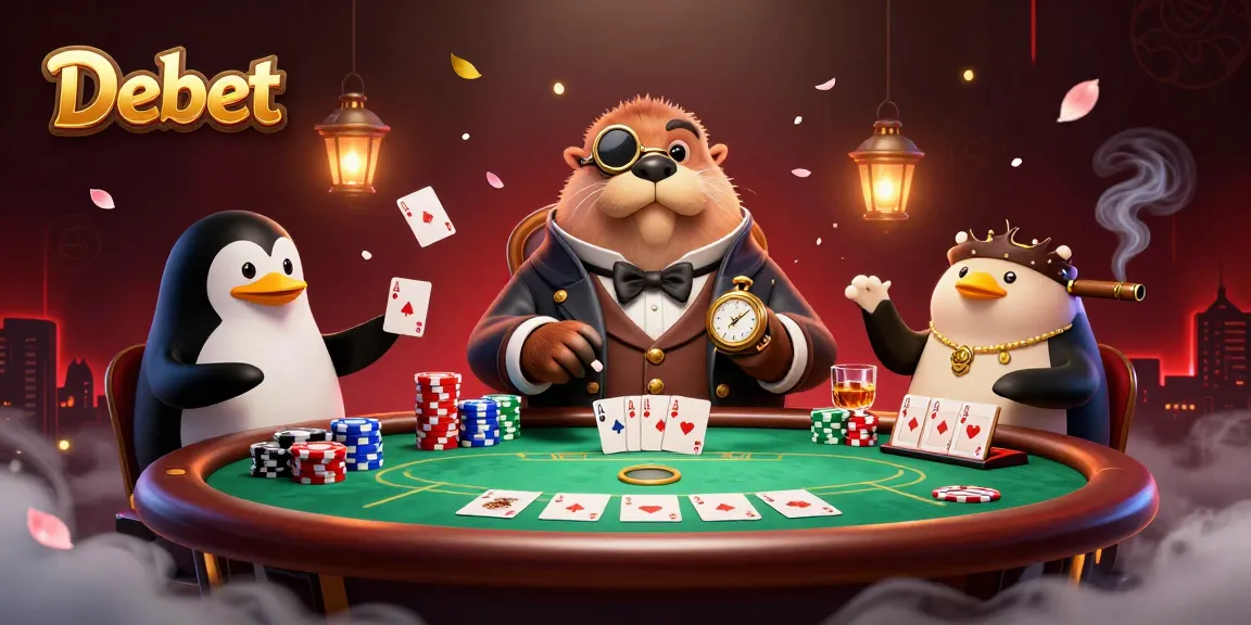 Experience the thrill of poker at Debet with a jolly walrus, penguin dealer, and bluffing pufferfish.