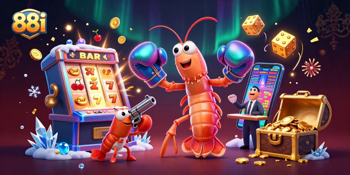 Engage with the vibrant 88i casino scene featuring a dynamic mantis shrimp and vibrant slot machine action.