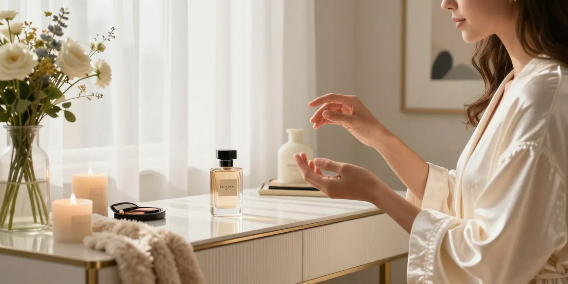 Experience the charm of Razamani Si perfume application in a chic bedroom setting.