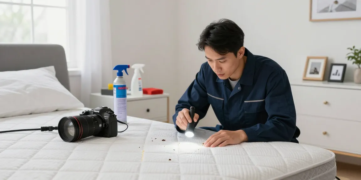 Professional bed bug treatment in a bright bedroom with technician inspecting mattress, ensuring thorough pest control.