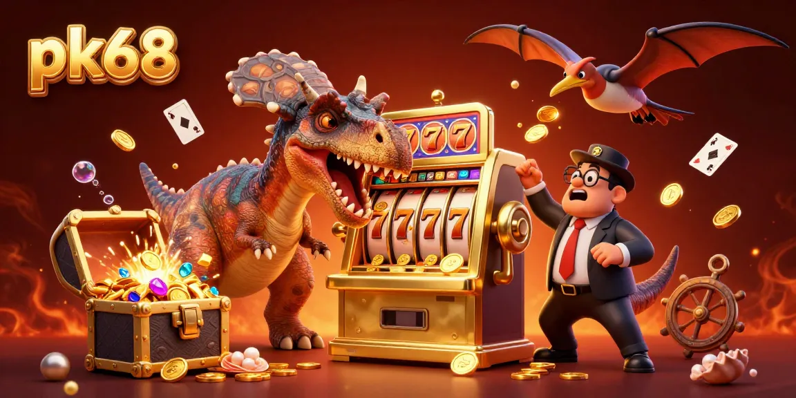 Experience thrilling jackpots with pk68 as dinosaurs celebrate casino wins amidst a vibrant gaming scene.