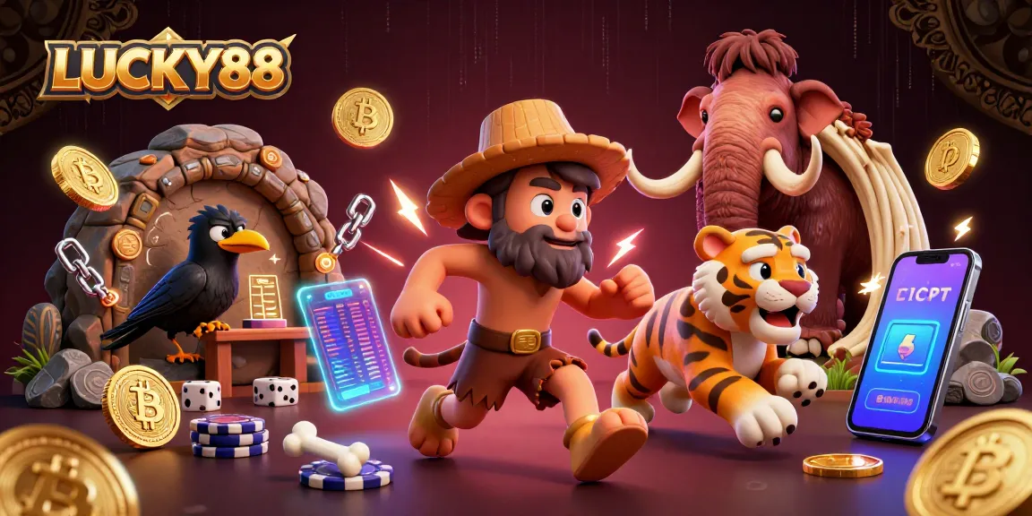 Experience the thrill of LUCKY88 with a vibrant prehistoric casino scene featuring unique characters.