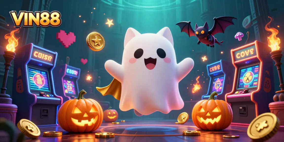 Engage in thrilling gaming adventures at VIN88 with a ghost cat and vampire bat in a haunted casino.