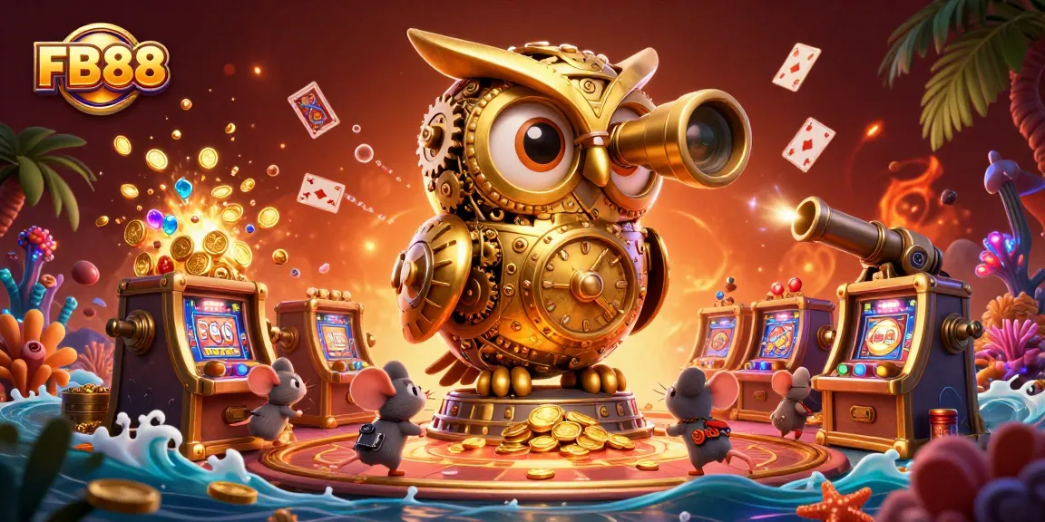 Experience FB88's vibrant casino scene featuring an owl, treasure chest, and dynamic gaming elements.
