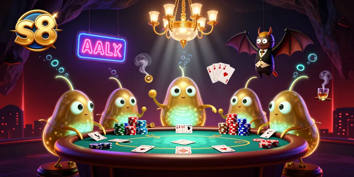 S8 players enjoying a vibrant poker scene illuminated by glowworms in a cave casino ambiance.