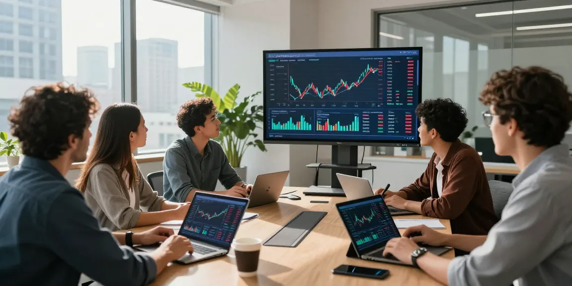 Invest in BRICS coins: professionals collaborating in a modern financial office with cryptocurrency charts and data.