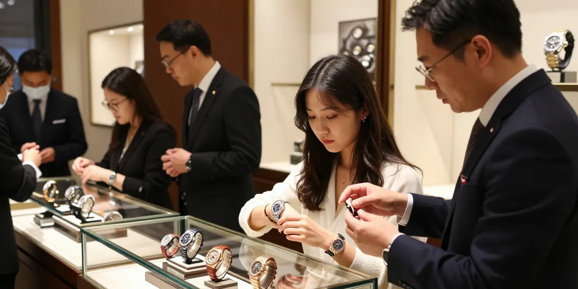 Engaging scene with luxury watch enthusiasts exploring super clone watches in an elegant boutique.