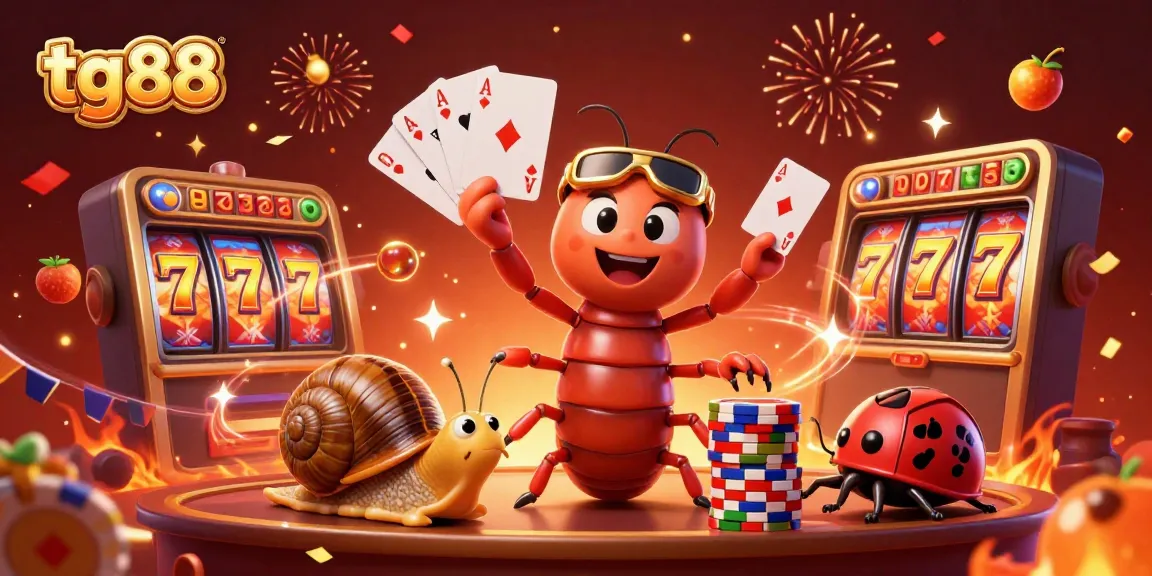 Engage with tg88's vibrant slots scene featuring a millipede dealer, high-roller snail, and excited pill bug.