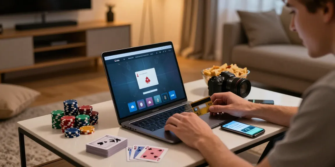 Player enjoying online gaming at home with a credit card, showcasing the credit card casino experience available at https://transact.org.uk.