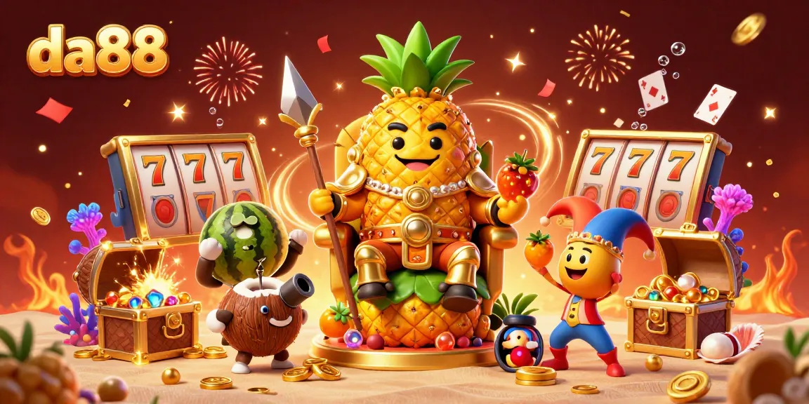 Engage with da88's vibrant beach casino featuring a golden pineapple king and exciting gameplay elements.