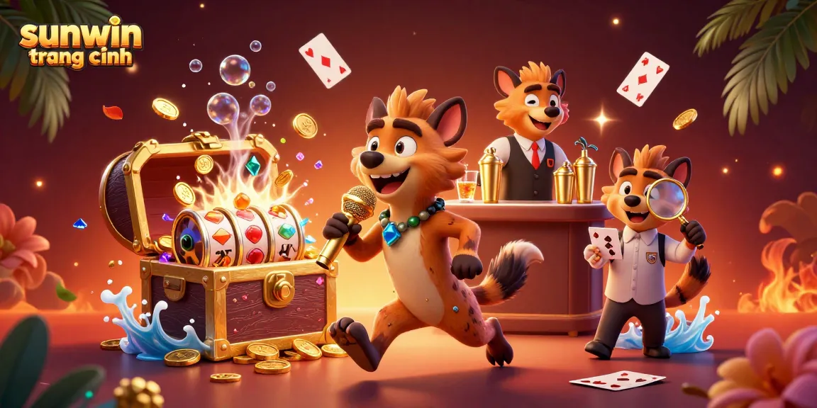 Experience excitement at sunwin trang chính with hyenas at a comedy casino club amidst vibrant game elements.