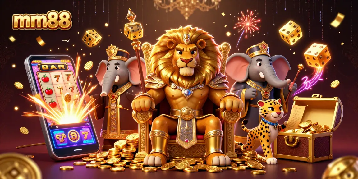Experience the excitement at mm88 with a vibrant 3D casino adventure featuring a lion king amidst jackpot chaos.