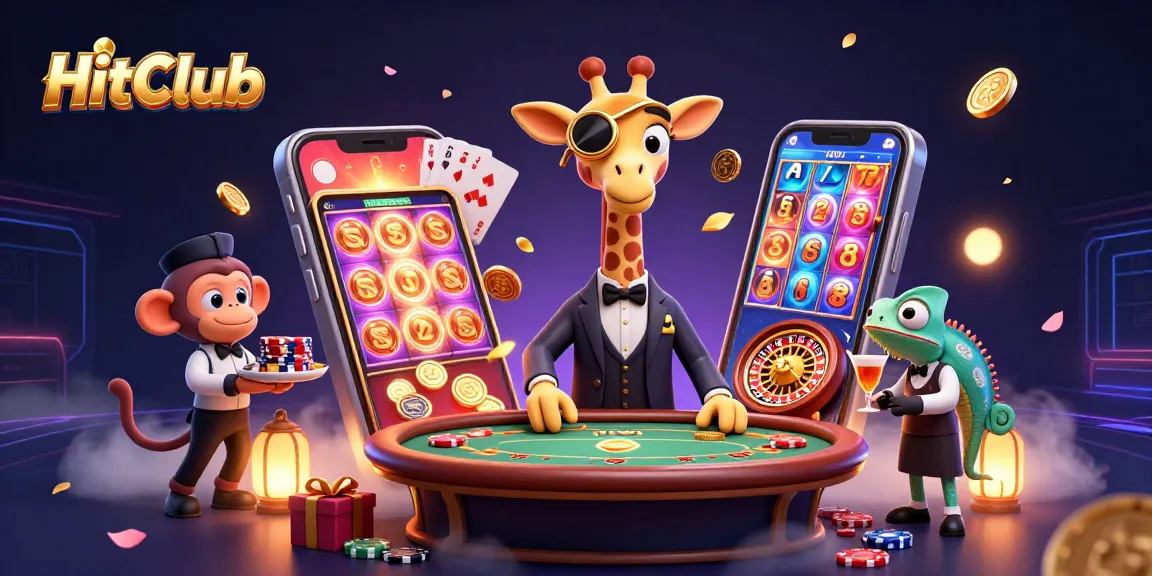 HitClub showcases a vibrant scene with high-roller giraffe and gaming elements, capturing casino excitement.