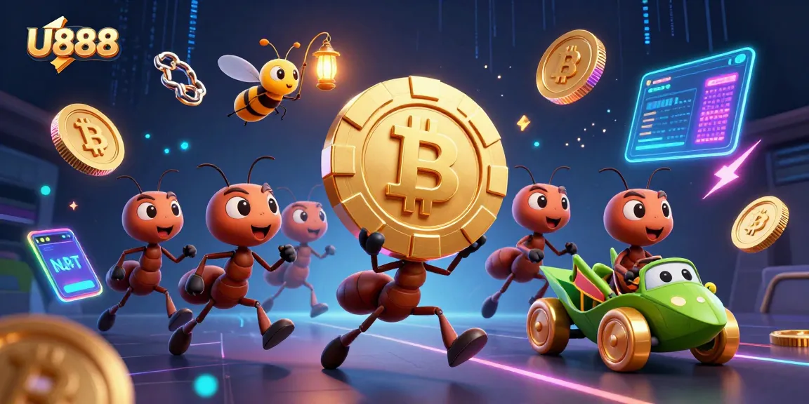 U888's vibrant casino heist scene featuring ants, poker chip, and crypto elements