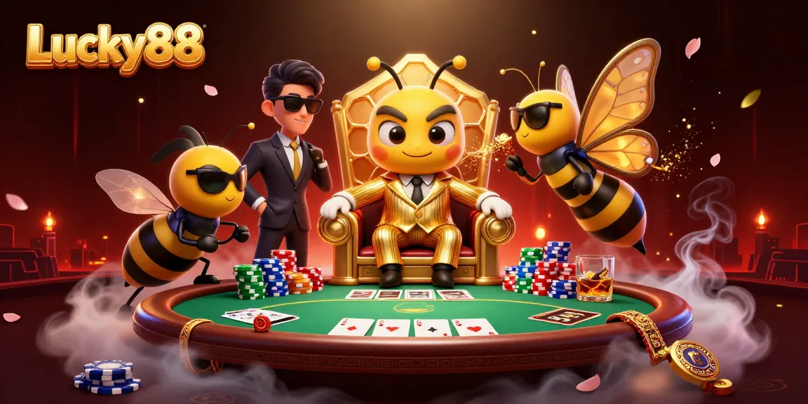 Engage with Lucky88 in a vibrant casino scene filled with poker action and whimsical characters.