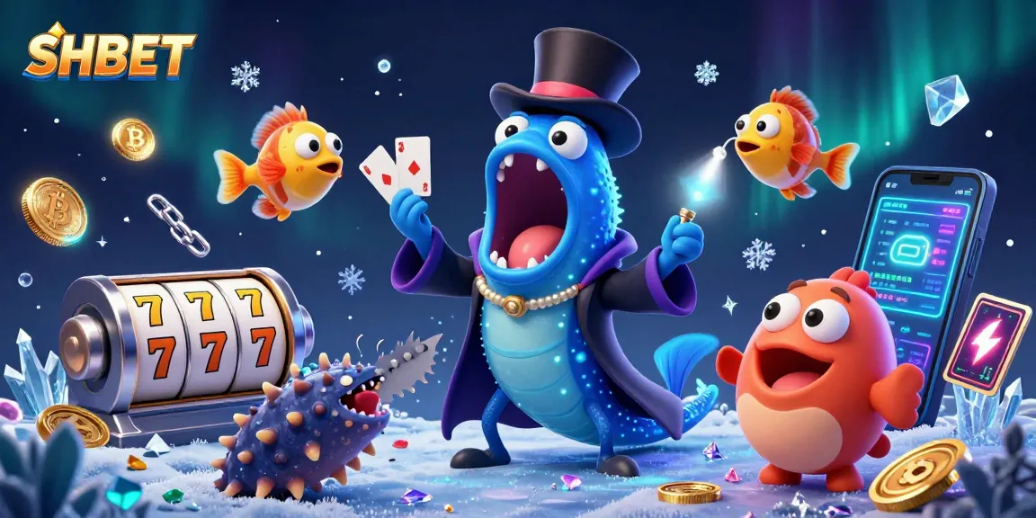 Engage with SHBET in this vibrant 3D illustration showcasing a gulper eel magician and casino elements.