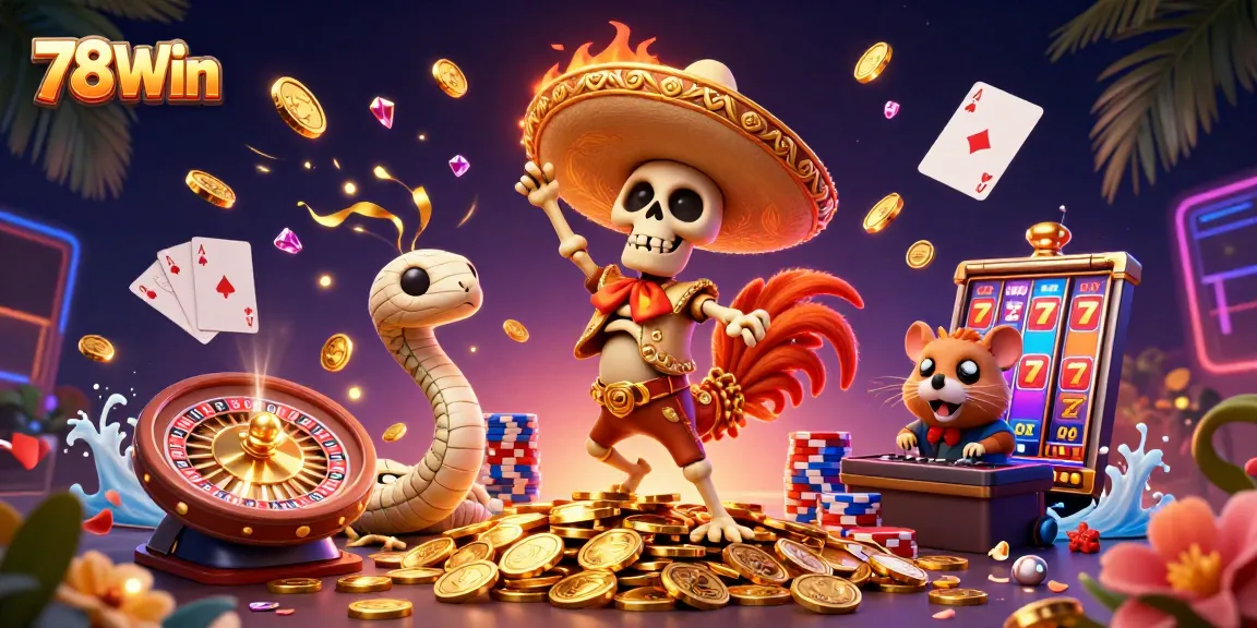 Experience the thrill of 78Win with a lively illustration of a mariachi rooster celebrating on a pile of gold coins.