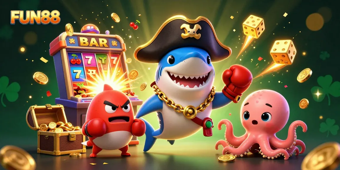 Experience FUN88's thrilling games with a pirate shark, pufferfish, and octopus in a vibrant casino scene.