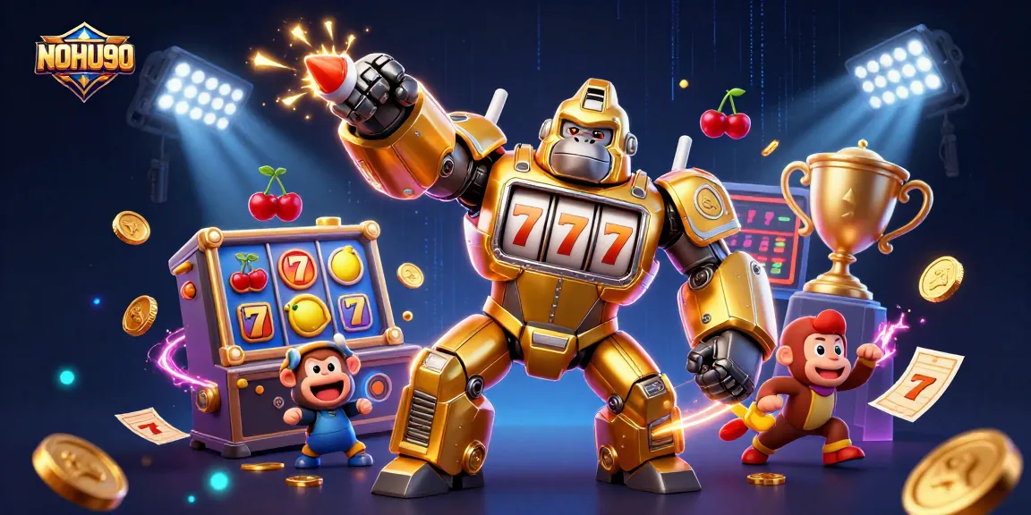 Experience NOHU90's thrilling adventures with a golden gorilla mech and vibrant slot symbols.